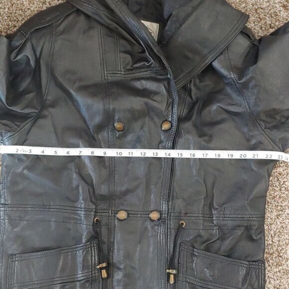 VTG Winlit Black Leather Jacket Unisex Hooded Trench Coat Size M - Picture 5 of 7